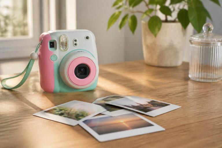 Instant camera beside freshly printed photos on a table