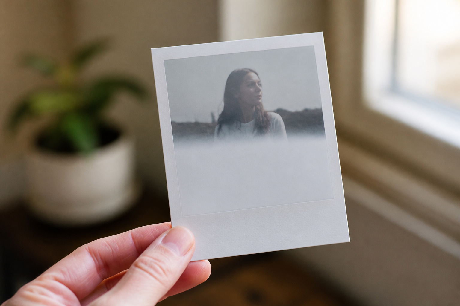 Hand holding an instant print as it develops