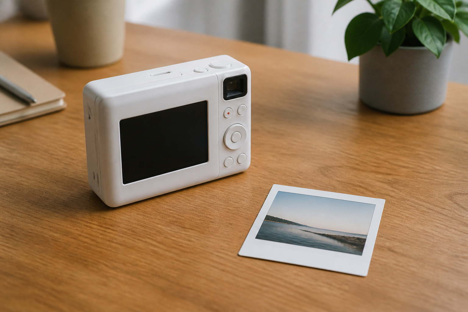 Compact hybrid instant camera with a screen and a print