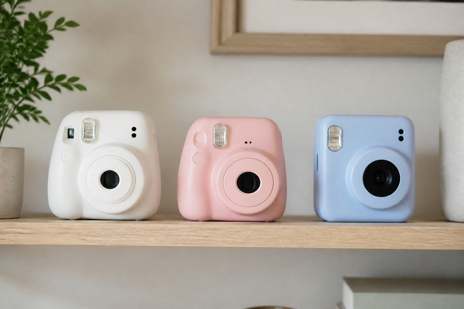 Three different instant cameras on a shelf
