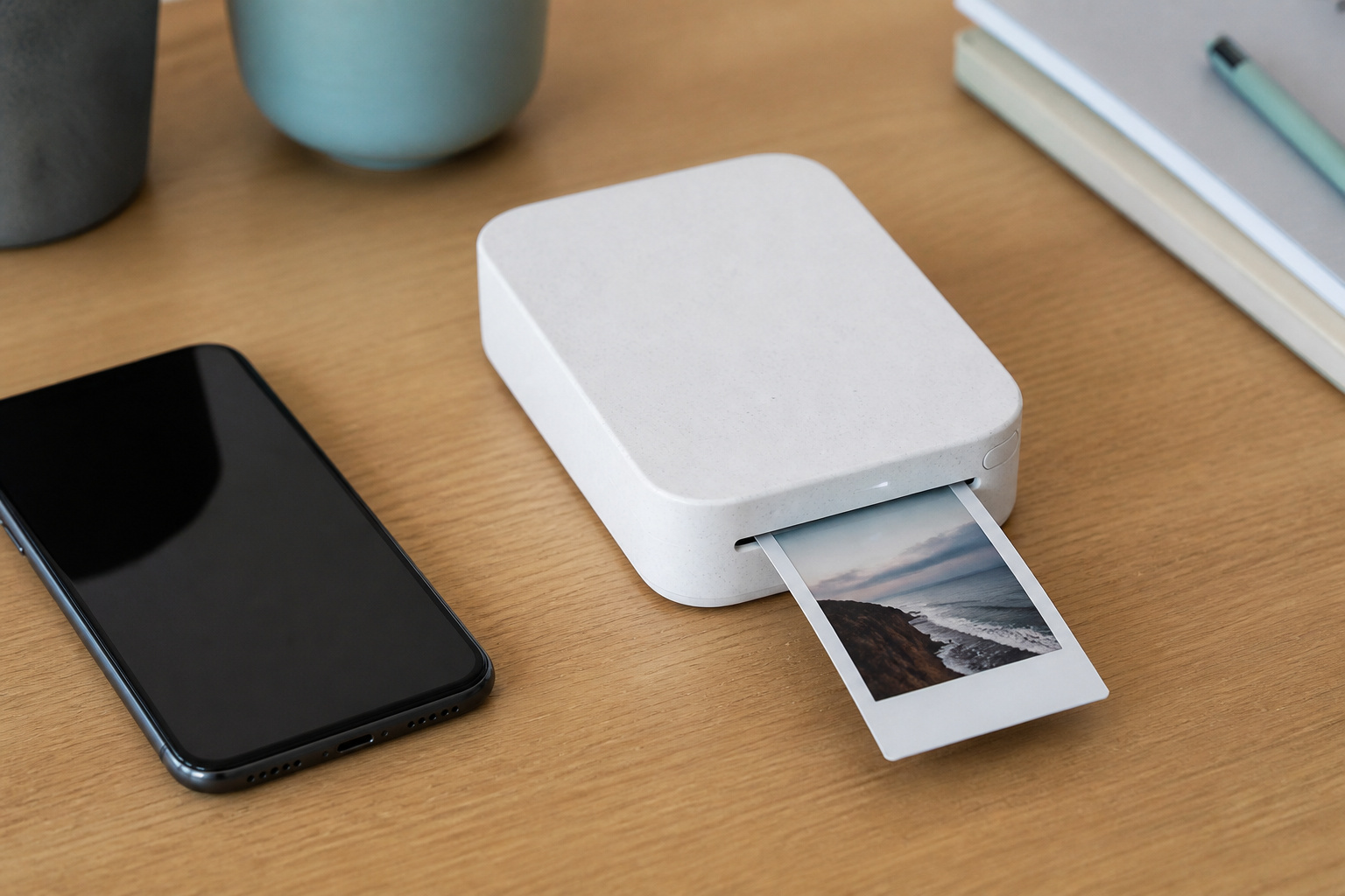 Instant photo printer beside a smartphone