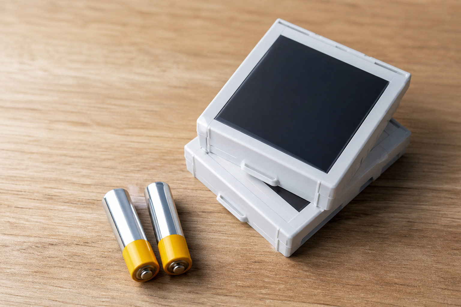 Instant film packs and AA batteries on a table