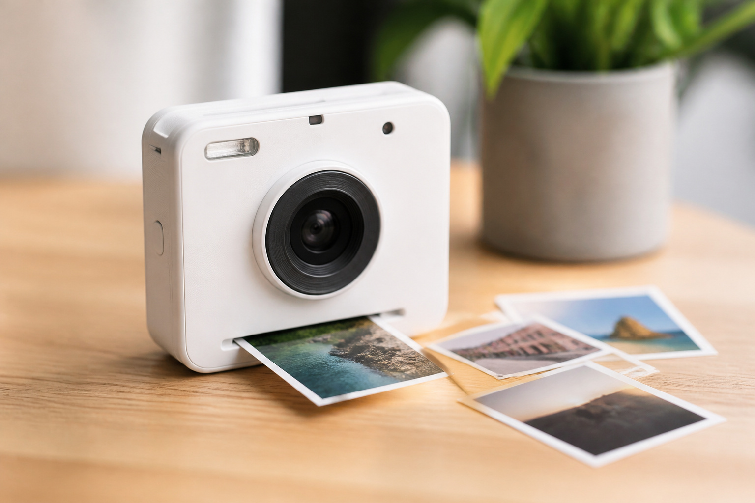 Small camera with a printer slot beside small prints