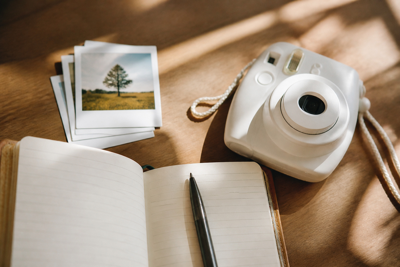 Instant camera, prints and notebook flat lay