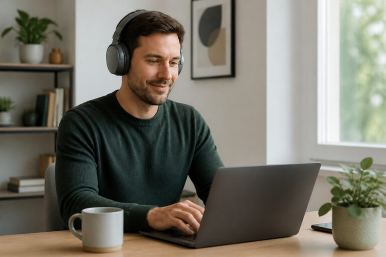 Person working at a home office desk wearing graphite wireless over-ear headphones without a mic boom