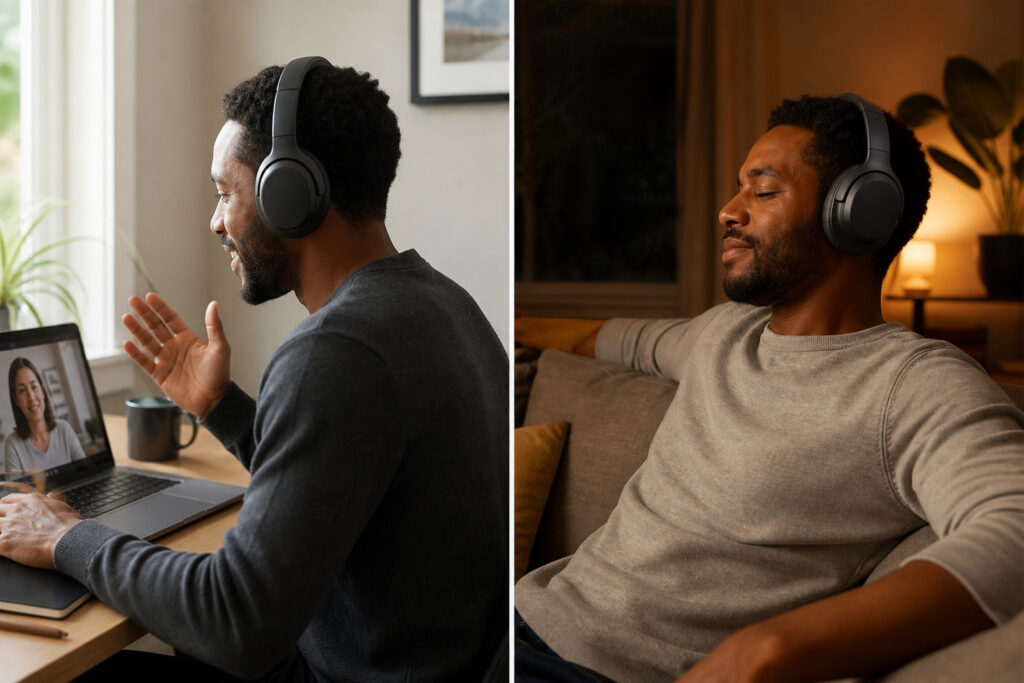 Person wearing the same wireless headphones for a morning work call and evening music listening