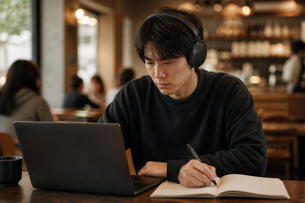 Student studying in a cafe wearing noise cancelling wireless headphones