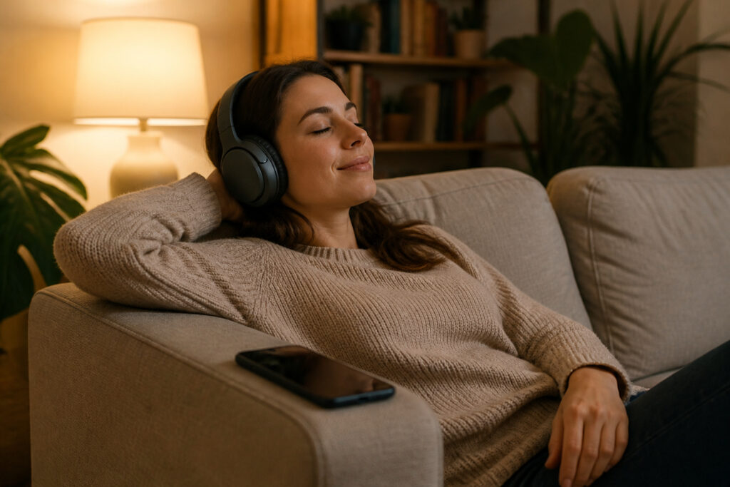 Person relaxing on a couch listening to music on wireless over-ear headphones