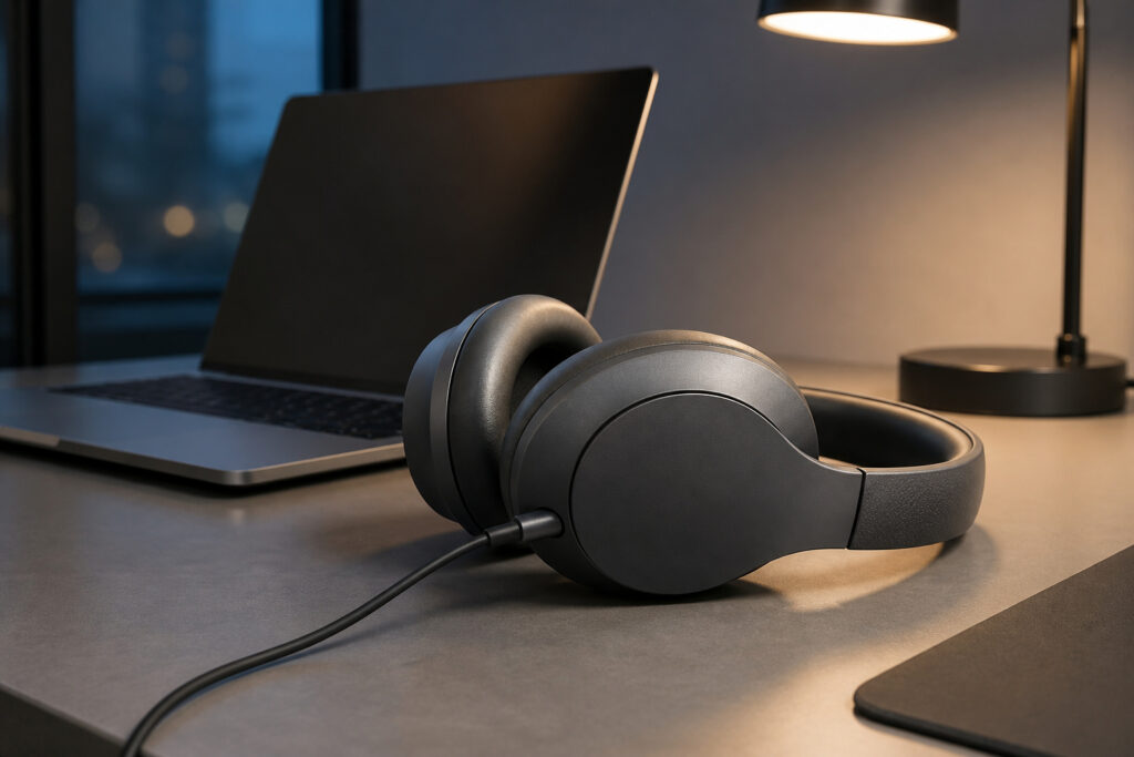 Wireless headphones charging with a USB-C cable on a tidy desk
