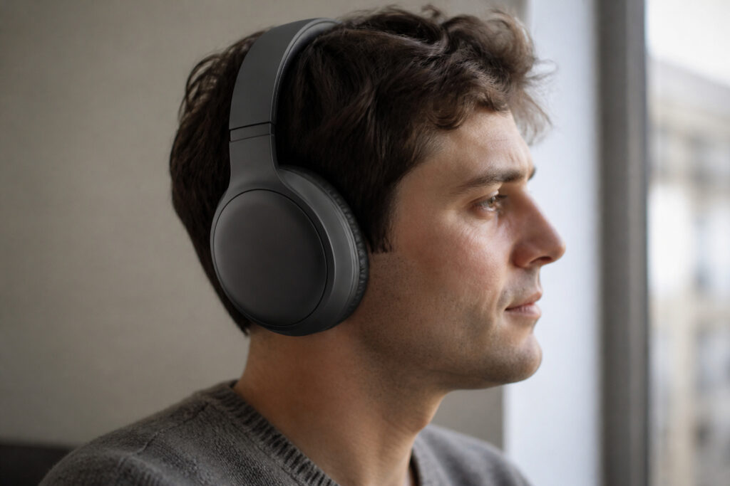 Close-up of cushioned ear pads and padded headband on wireless over-ear headphones