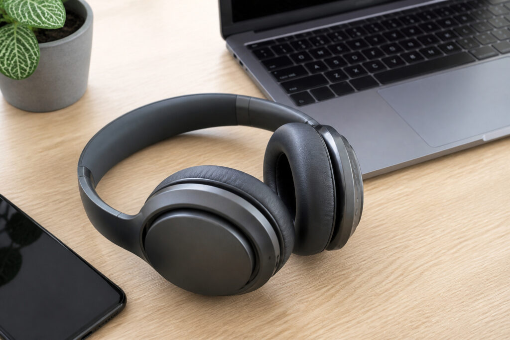 Wireless over-ear headphones on a desk beside a laptop and phone