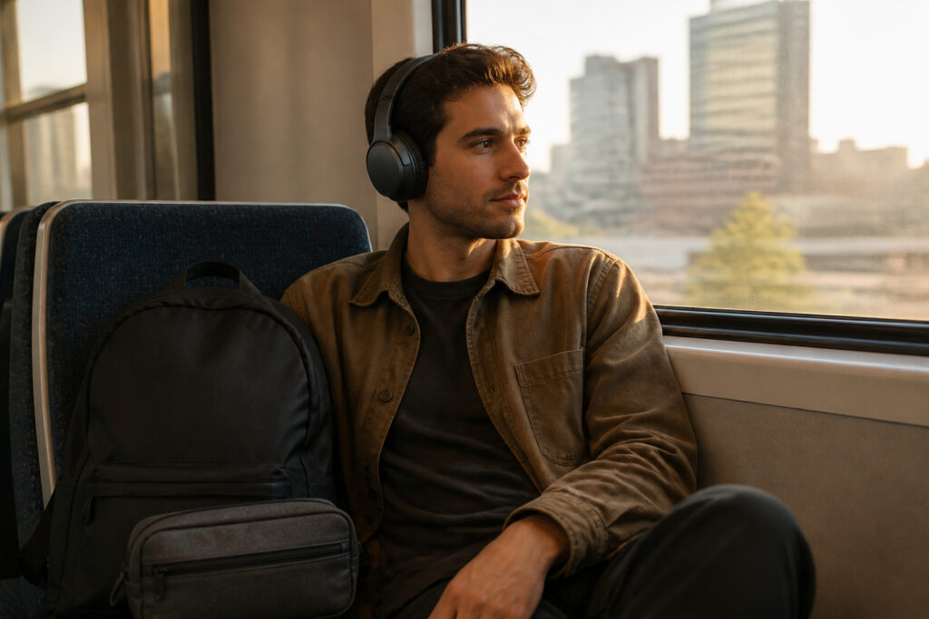 Commuter wearing wireless over-ear headphones on a train by the window