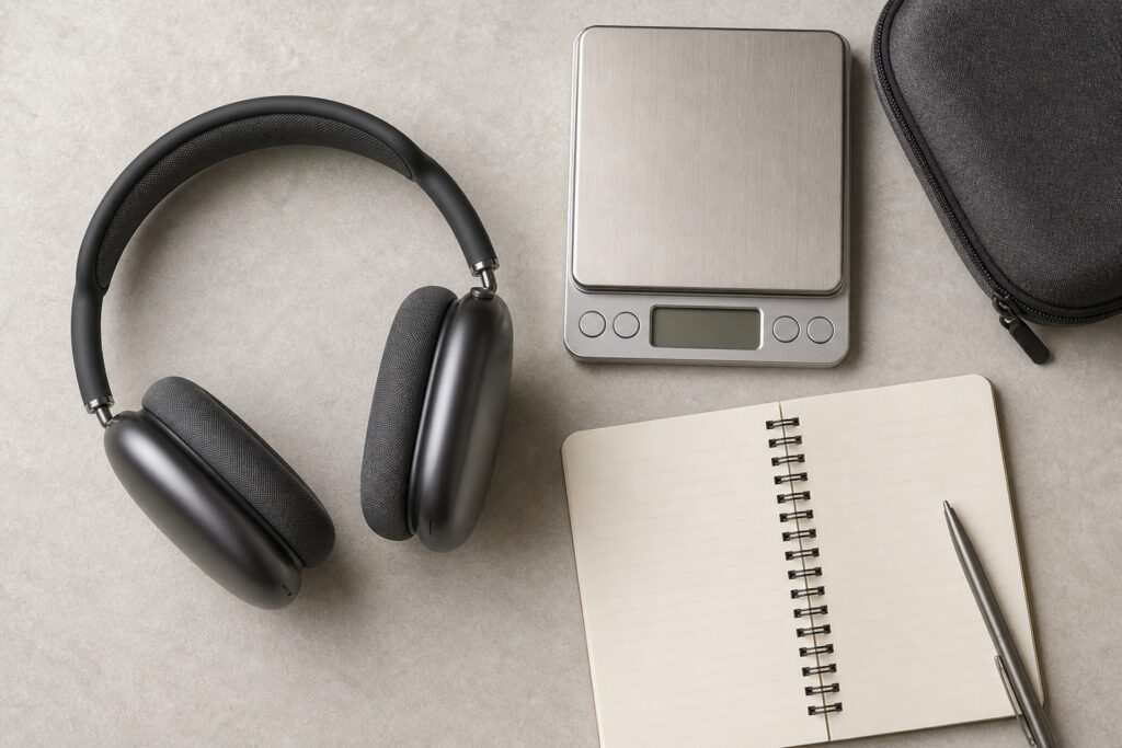 Wireless headphones on a table beside a small scale and notepad