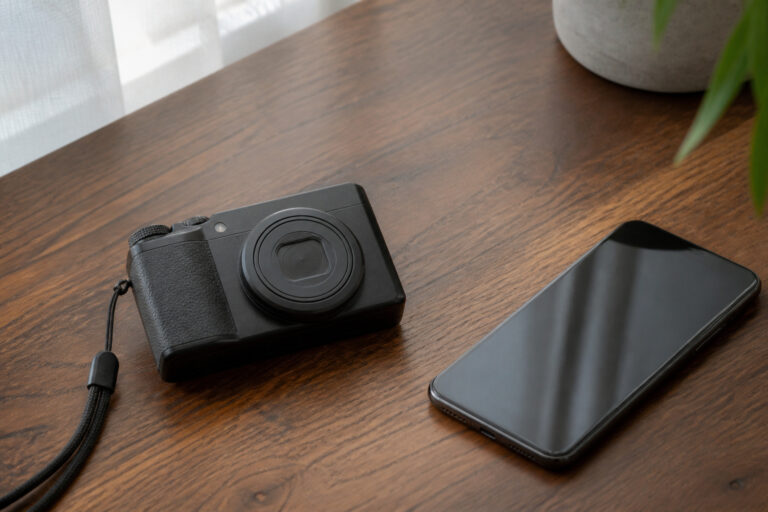 Compact camera beside a smartphone on a table