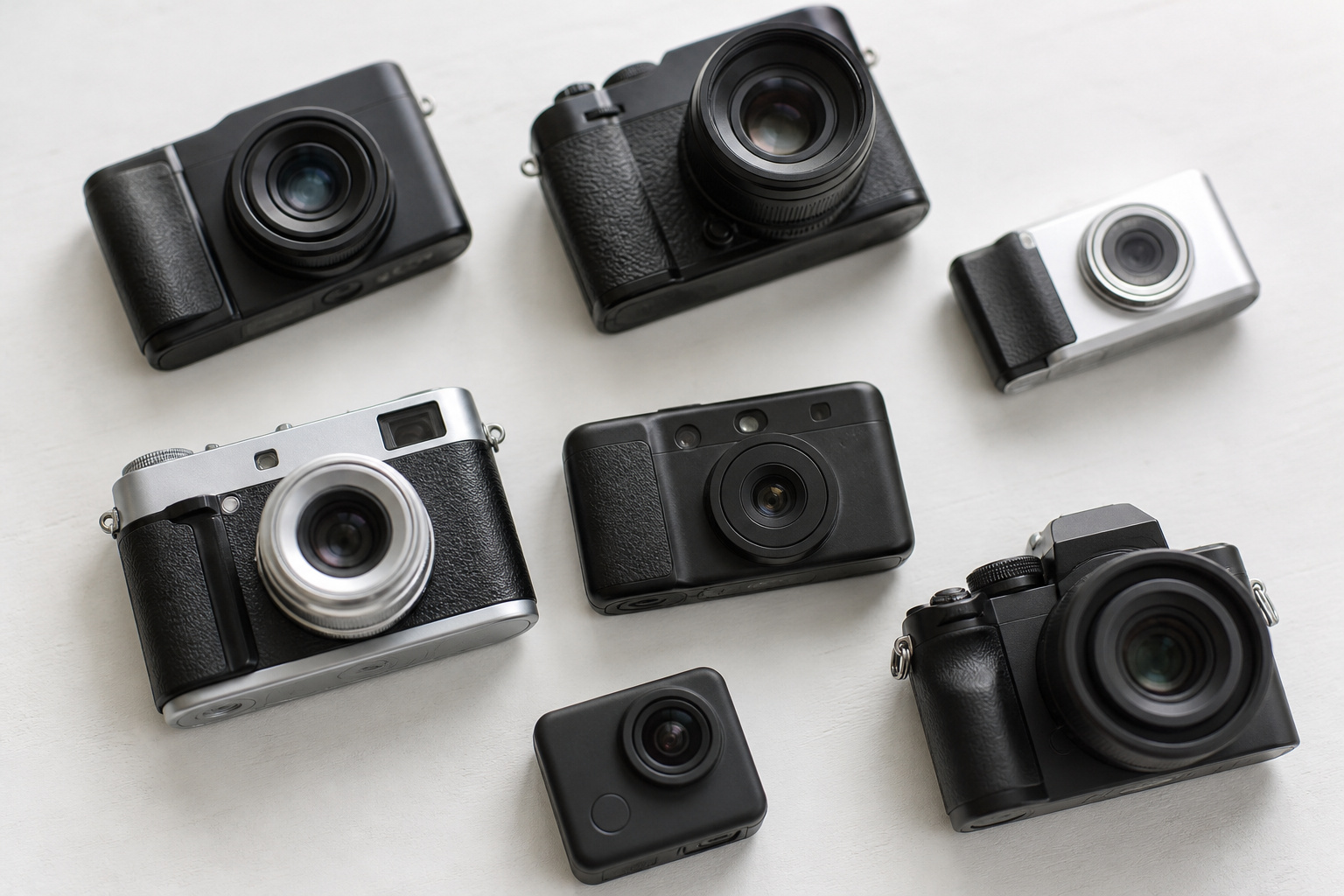 Several different compact cameras on a light surface