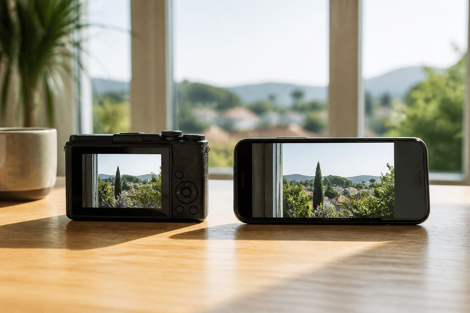 Compact camera and smartphone side by side