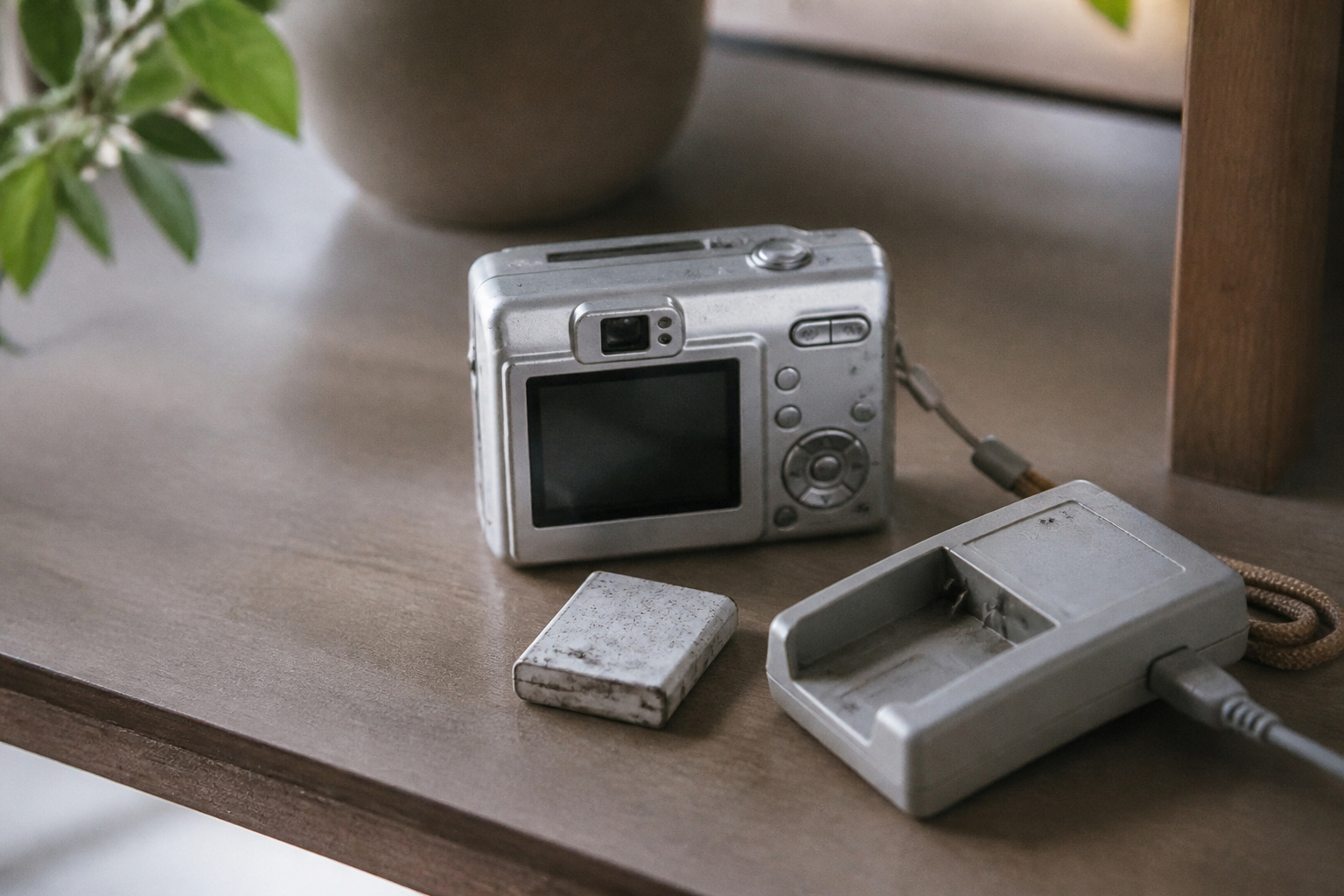 Older small digital camera with battery and charger