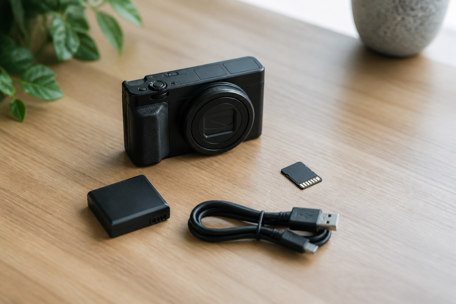 Compact camera with spare battery, cable and memory card