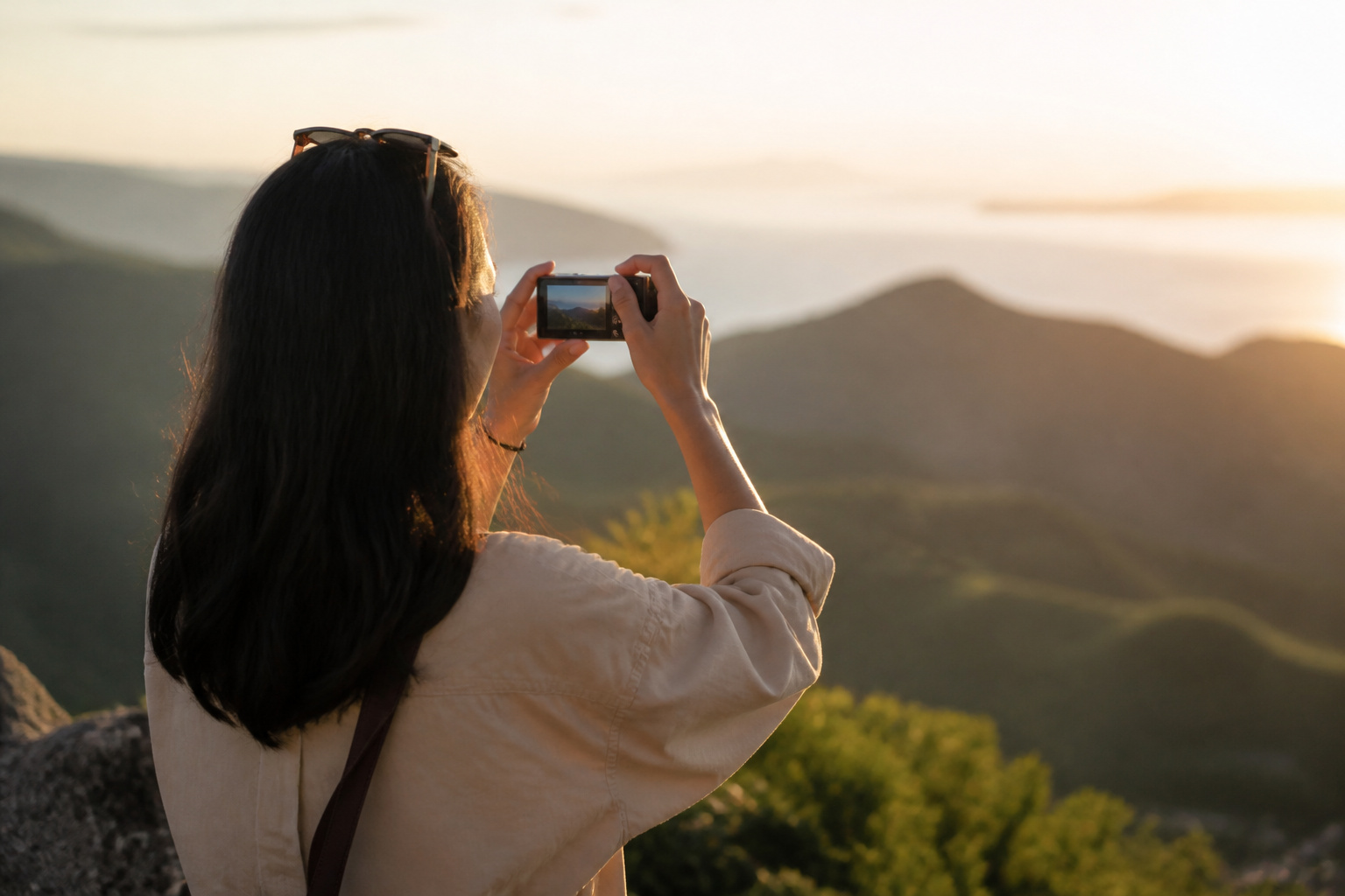 Traveler with a small camera at a scenic overlook